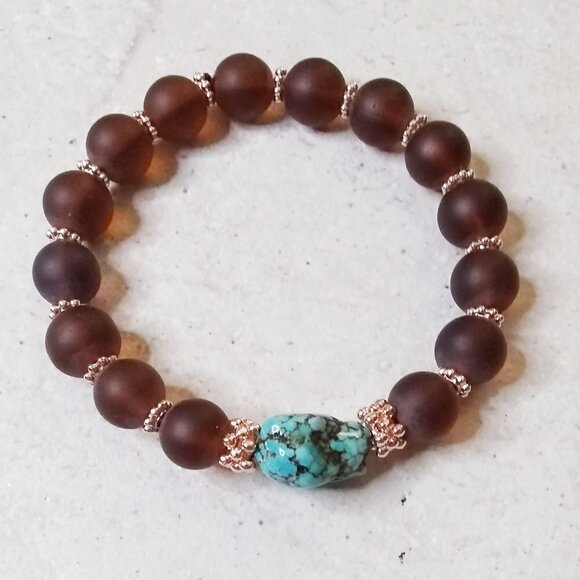 🎁🎁🎁 GIFT WORTHY ~ Beaded Bracelet + Earring Set! Turquoise + Brown + Rosegold - Picture 8 of 8